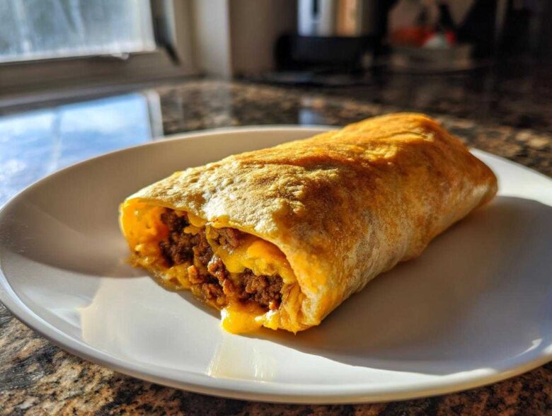 A golden fried Chimichanga cut open to show seasoned ground beef and melted cheddar cheese filling, resting on a white plate.