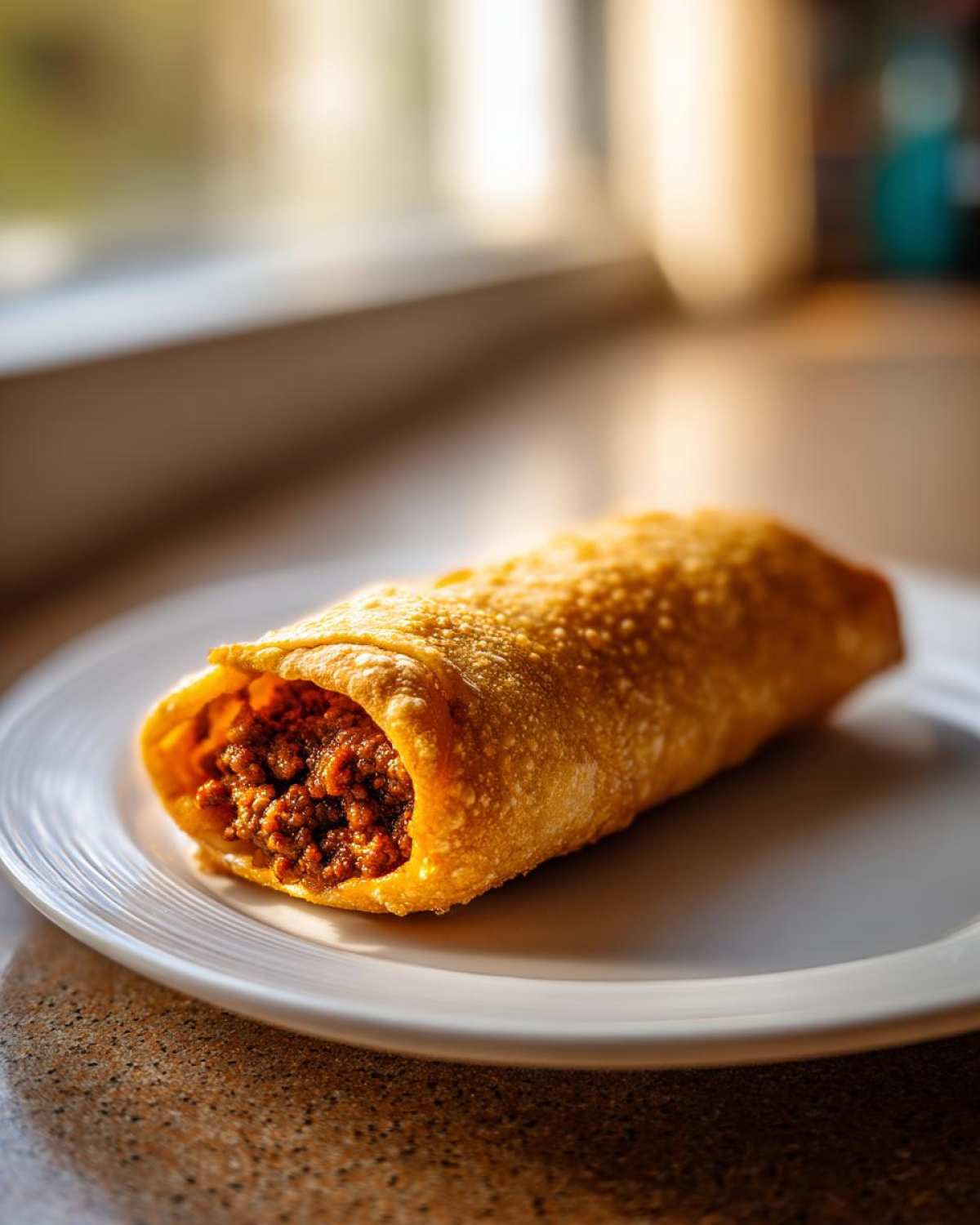 Close-up of a crispy, golden-fried Chimichanga filled with seasoned ground meat, resting on a white plate.