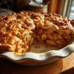 A slice removed from a golden, flaky homemade apple pie, showing thick apple filling in a white dish.