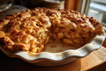 A slice removed from a golden, flaky homemade apple pie, showing thick apple filling in a white dish.