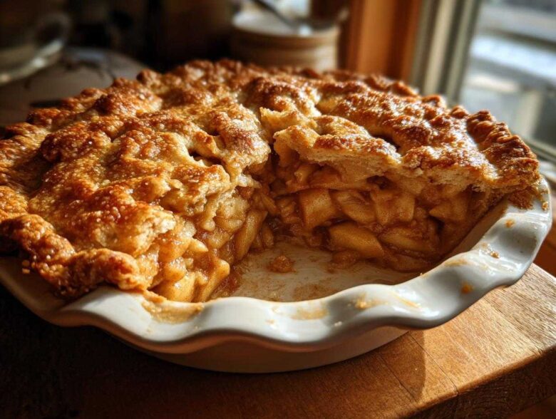A slice removed from a golden, flaky homemade apple pie, showing thick apple filling in a white dish.