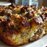 Close-up of a perfectly baked slice of sausage stuffing with a crispy, browned top and visible herbs.