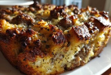 Close-up of a perfectly baked slice of sausage stuffing with a crispy, browned top and visible herbs.