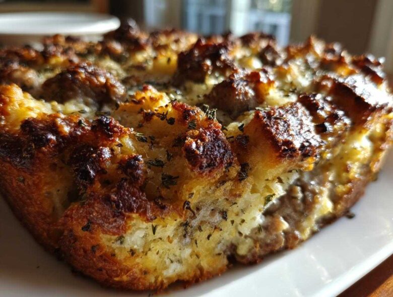 Close-up of a perfectly baked slice of sausage stuffing with a crispy, browned top and visible herbs.