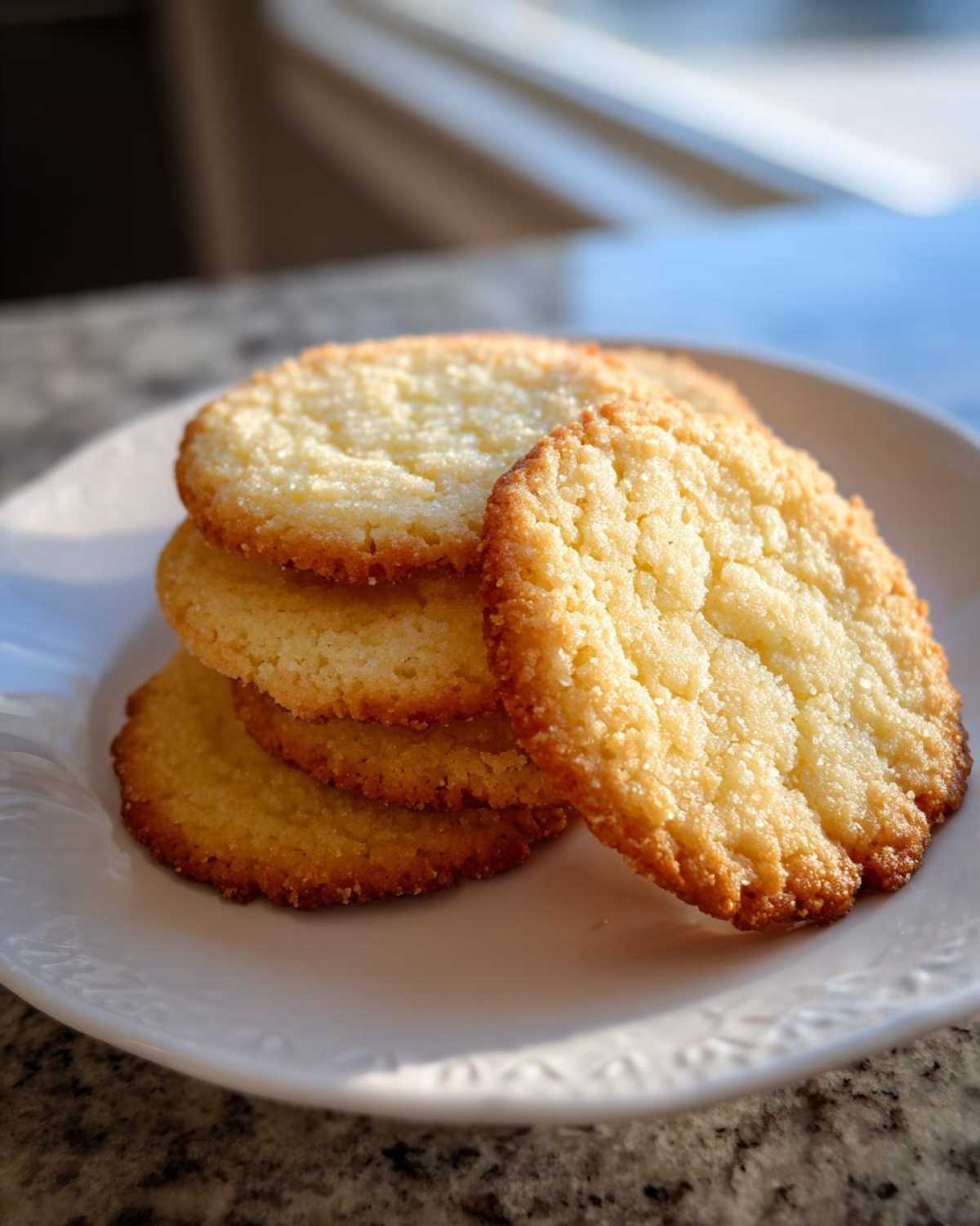 A stack of four golden brown, slightly crinkled sugar cookies resting on a white plate.