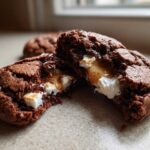 Close-up of a soft hot chocolate cookie broken in half, revealing a melted marshmallow and gooey caramel center.