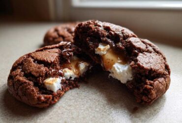 Close-up of a soft hot chocolate cookie broken in half, revealing a melted marshmallow and gooey caramel center.