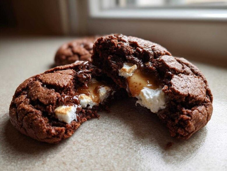 Close-up of a soft hot chocolate cookie broken in half, revealing a melted marshmallow and gooey caramel center.