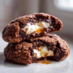 Two halves of a rich, dark chocolate cookie broken open to show a melted marshmallow and gooey chocolate center, characteristic of hot chocolate cookies.