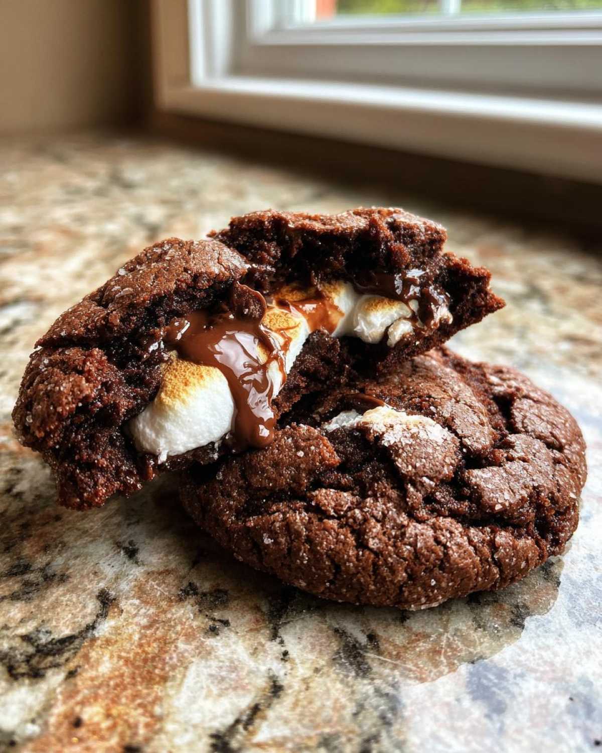 A close-up of soft hot chocolate cookies broken in half, revealing melted marshmallow and chocolate filling.