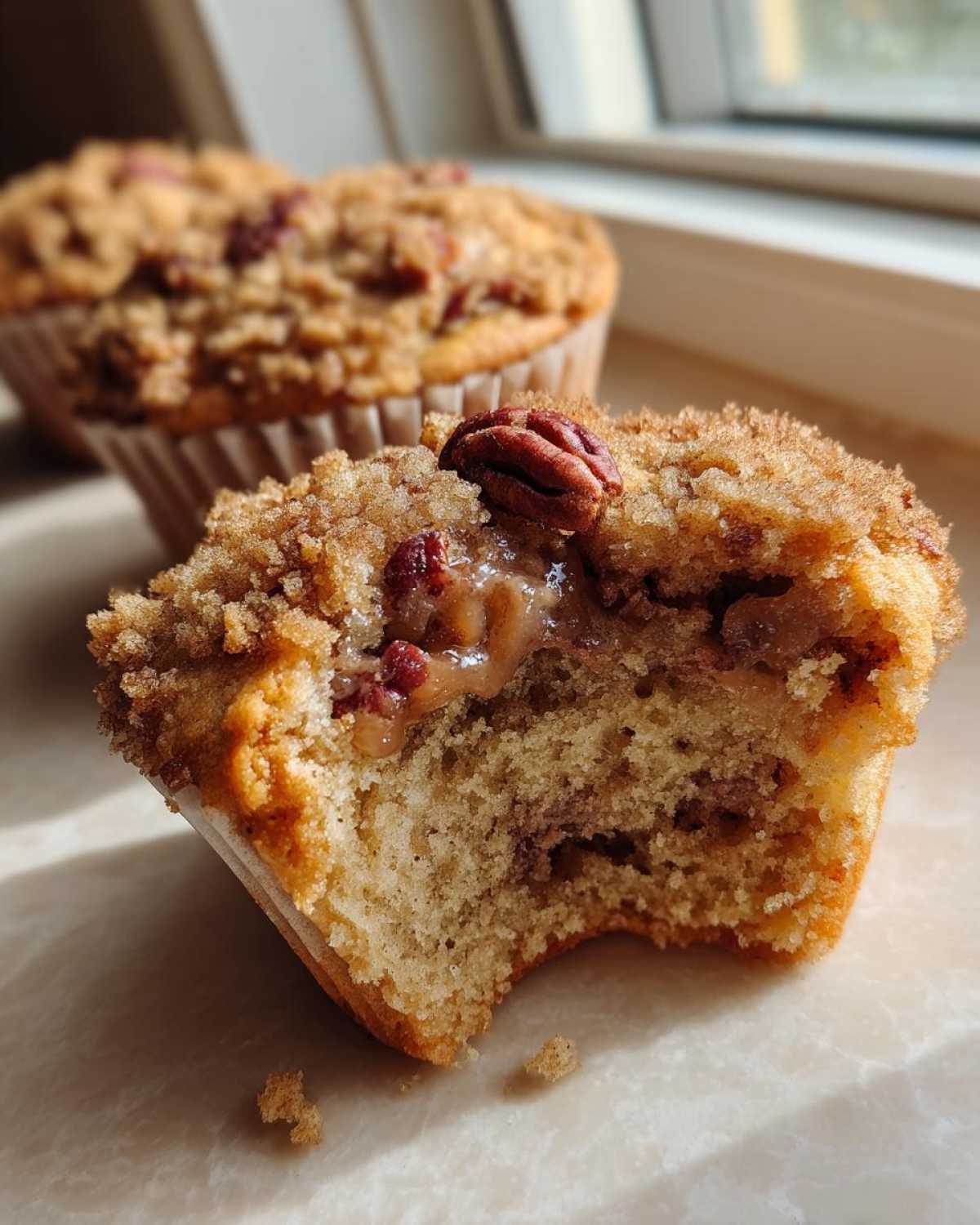 Close-up of a pecan pie muffin with a bite taken out, revealing gooey filling and a pecan on top.
