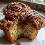 Close-up of a gooey pecan pie muffin with a bite taken out, showing the moist crumb and sticky topping.