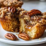 Close-up of a gooey pecan pie muffin cut in half, showing caramel filling and a pecan topping.