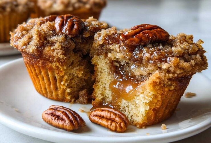 Close-up of a gooey pecan pie muffin cut in half, showing caramel filling and a pecan topping.