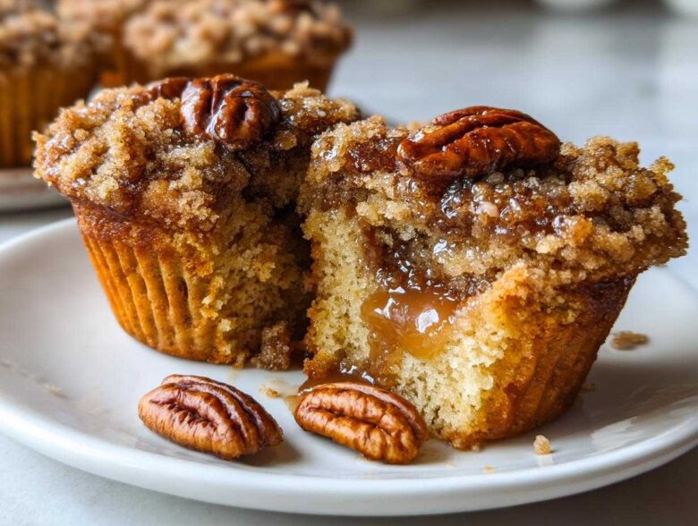 Close-up of a gooey pecan pie muffin cut in half, showing caramel filling and a pecan topping.