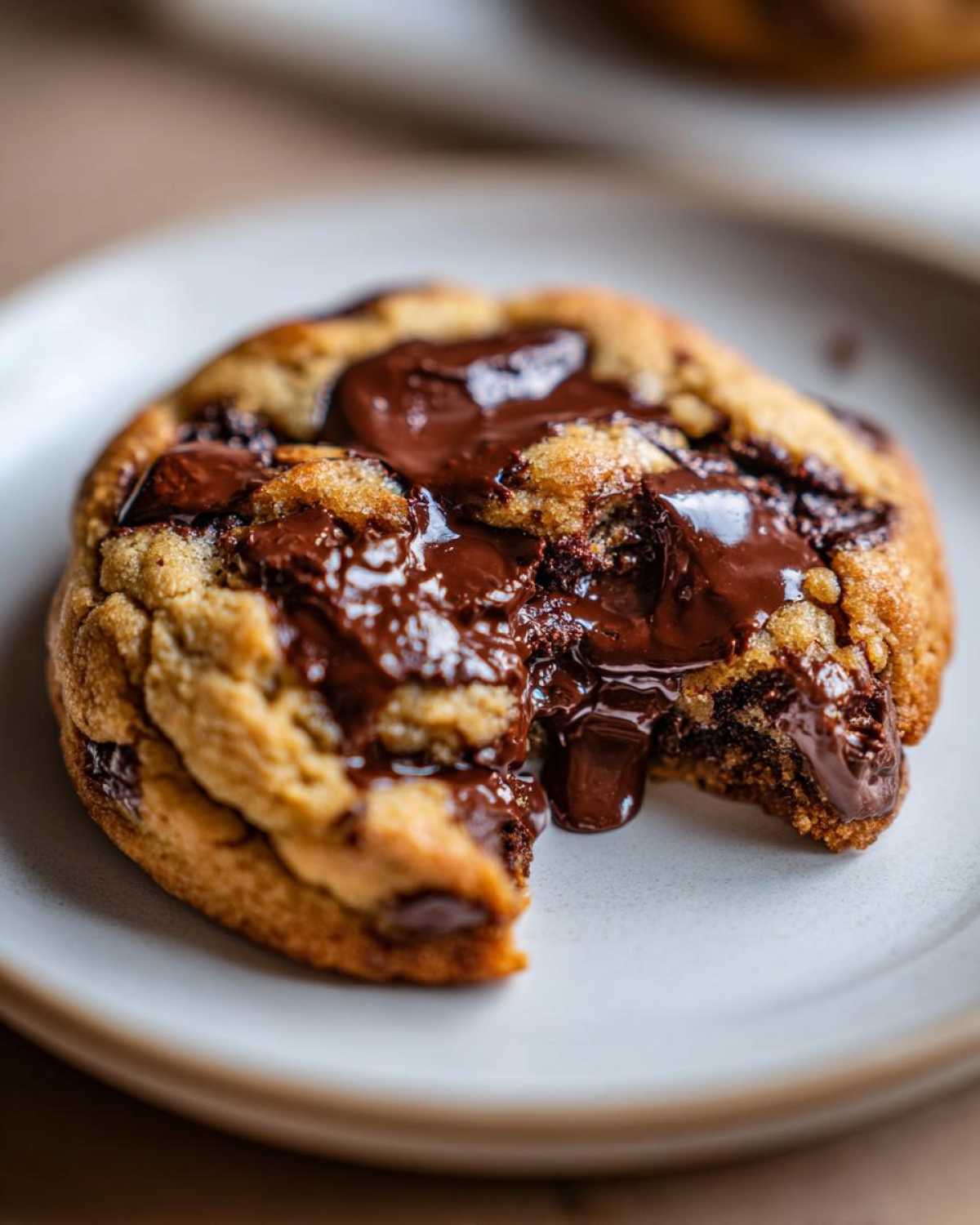 Close-up of a freshly baked vegan chocolate chip cookie with molten, gooey chocolate chips spilling out.
