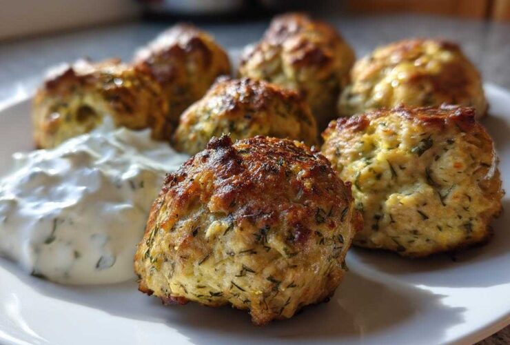 Close-up of golden brown greek chicken meatballs served on a white plate next to a dollop of creamy tzatziki sauce.