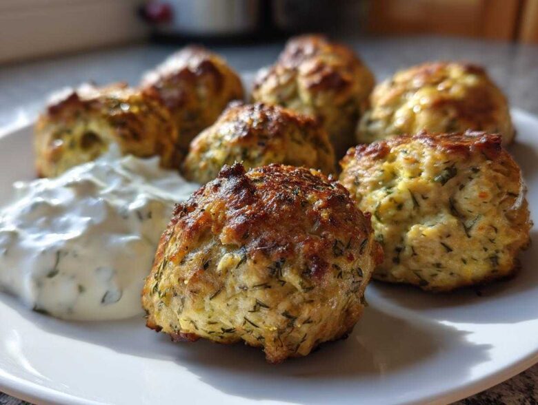 Close-up of golden brown greek chicken meatballs served on a white plate next to a dollop of creamy tzatziki sauce.