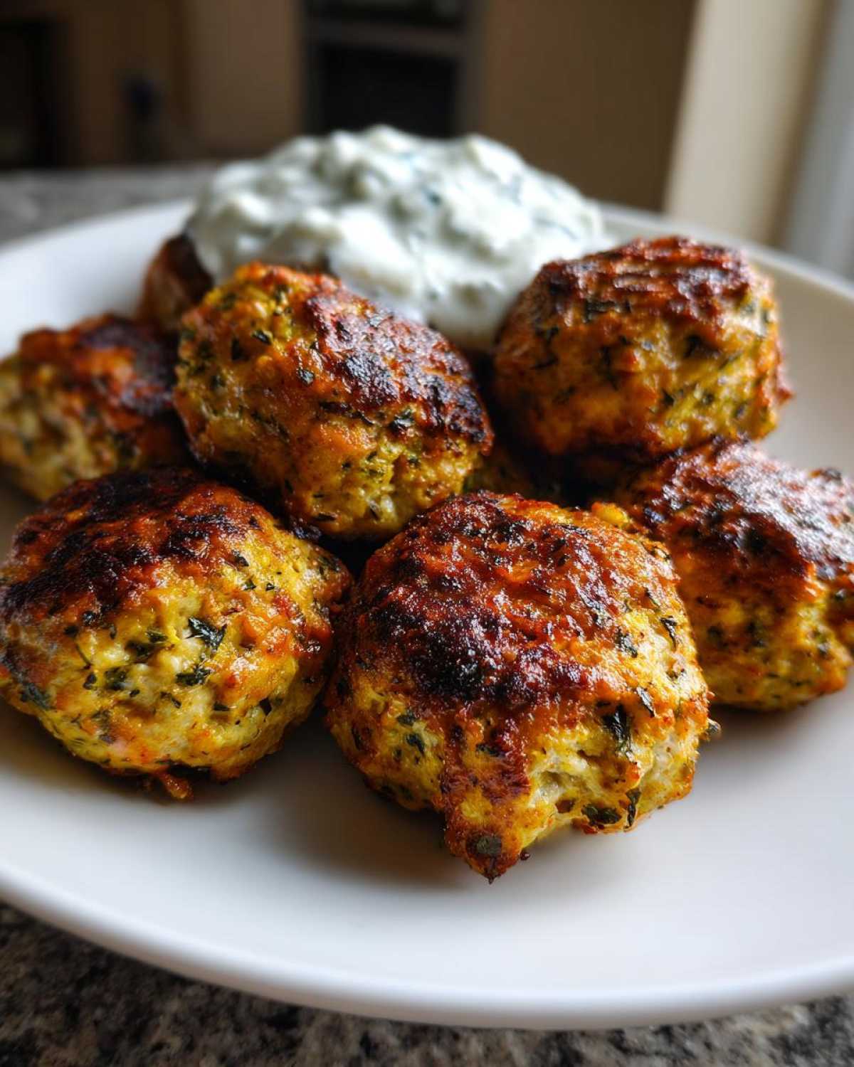 Close-up of golden brown greek chicken meatballs served with a dollop of white tzatziki sauce on a white plate.