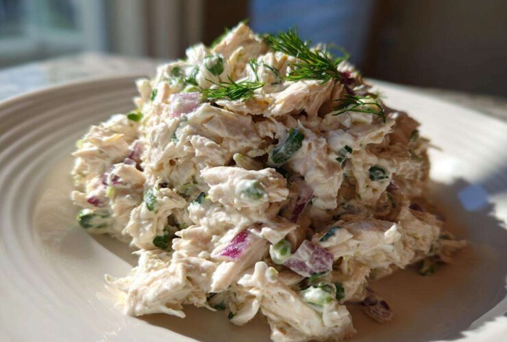 A mound of creamy cottage cheese chicken salad mixed with red onion and green herbs, garnished with dill.