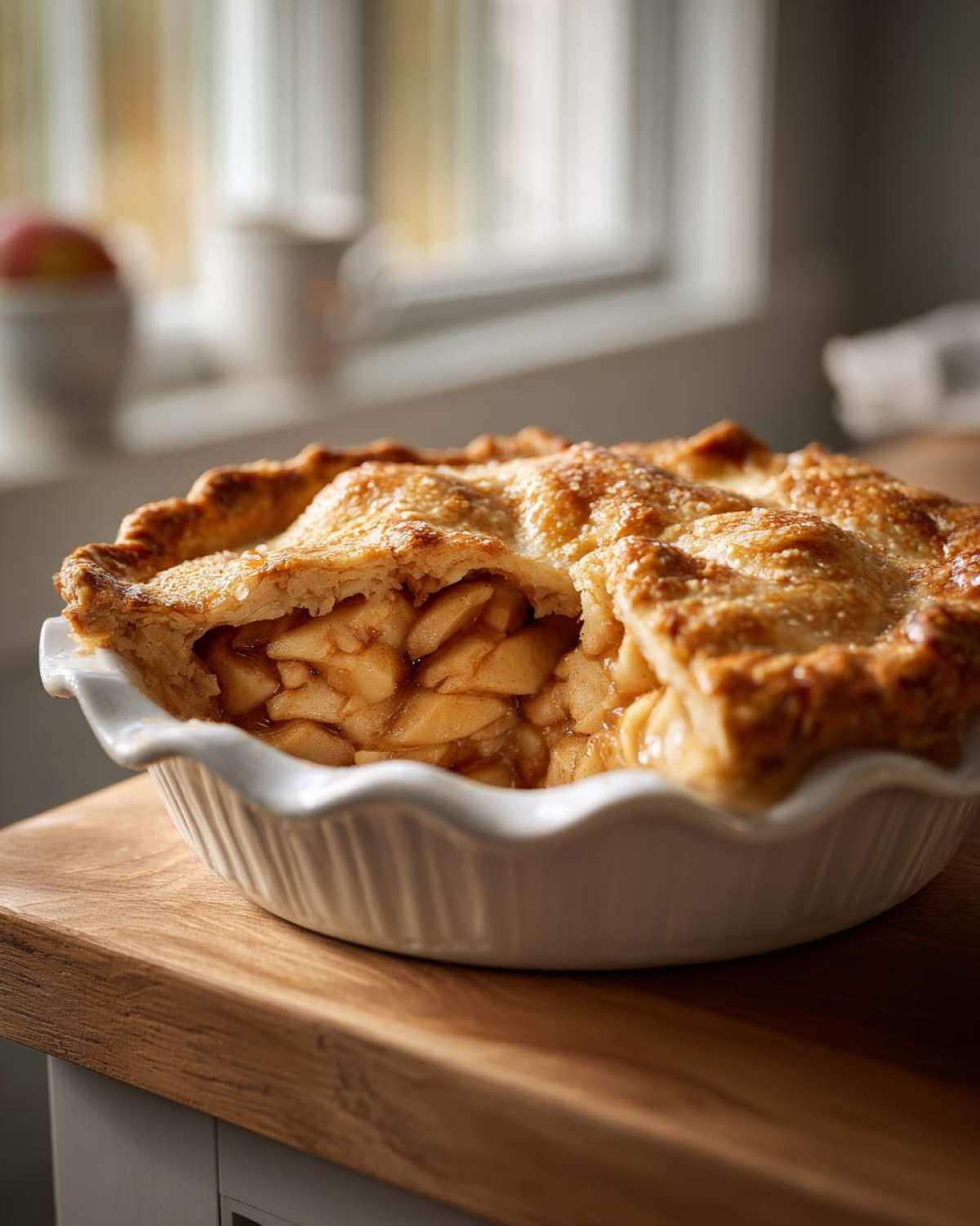 A close-up of a golden, flaky homemade apple pie with a slice removed, revealing spiced apple filling.