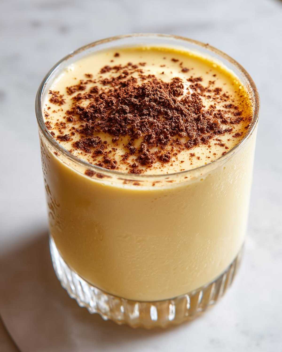 A creamy glass of homemade eggnog topped with a generous sprinkle of dark chocolate shavings.