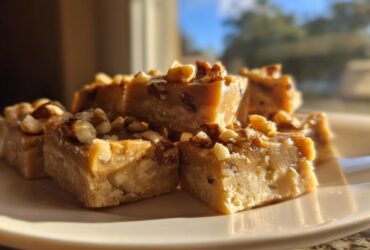 A stack of rich, creamy maple fudge squares topped with chopped pecans, beautifully lit by sunlight.