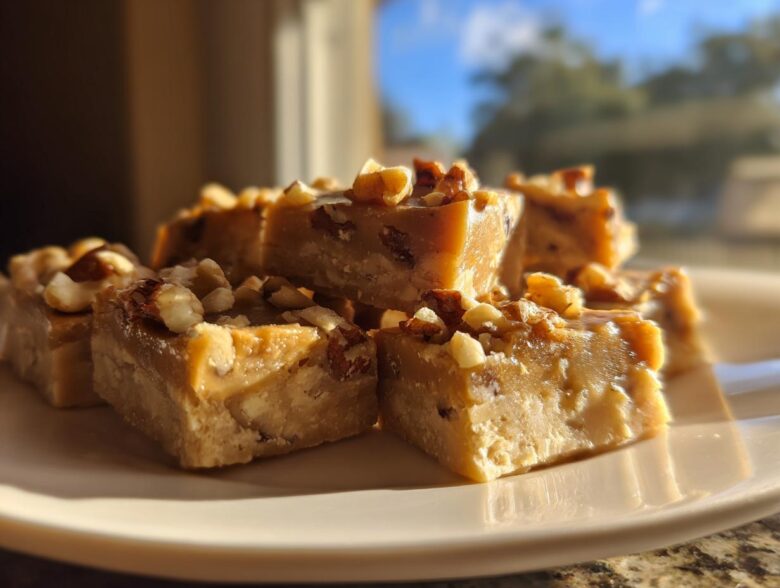 A stack of rich, creamy maple fudge squares topped with chopped pecans, beautifully lit by sunlight.