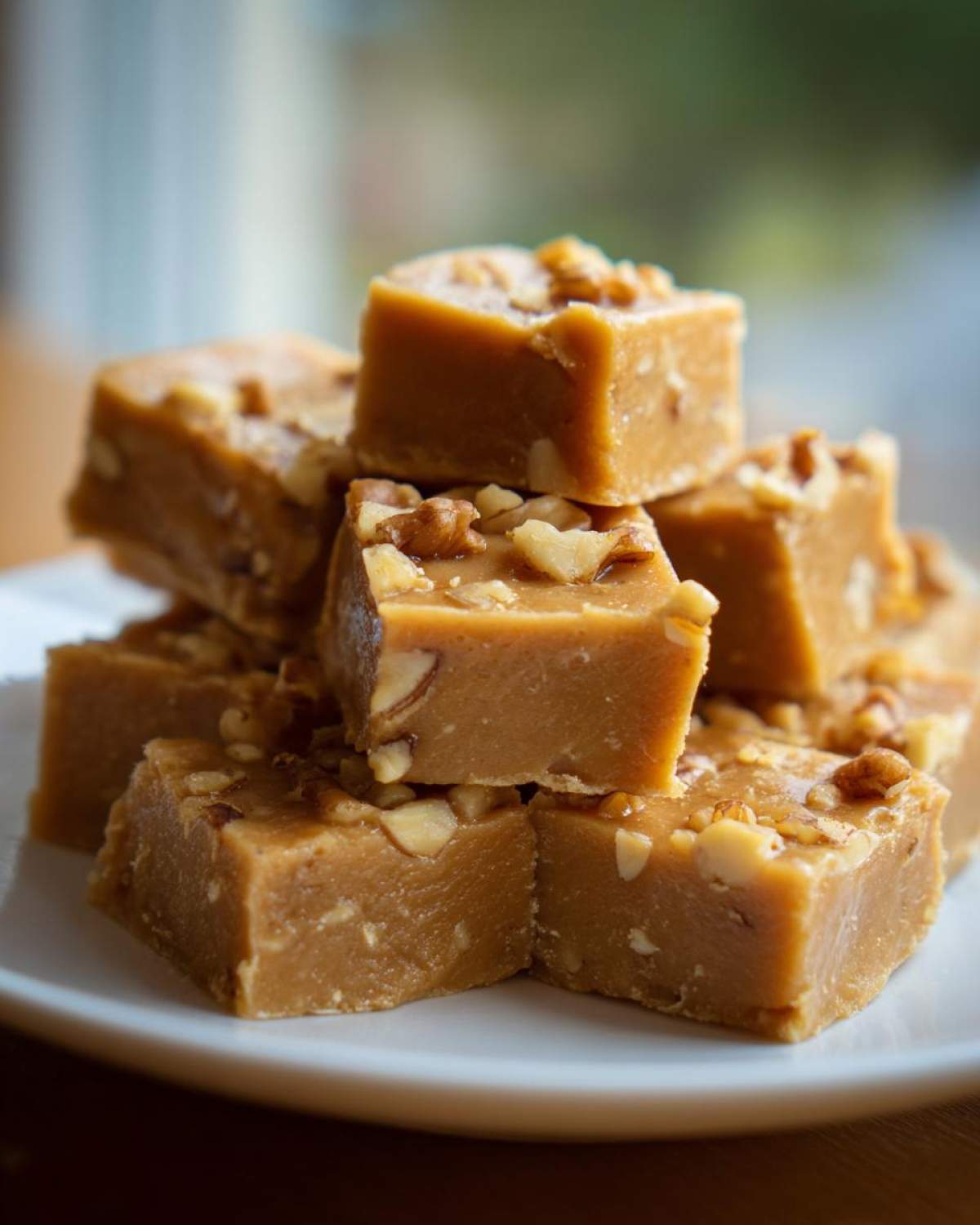 A stack of rich, brown maple fudge squares topped with chopped walnuts, ready to eat.
