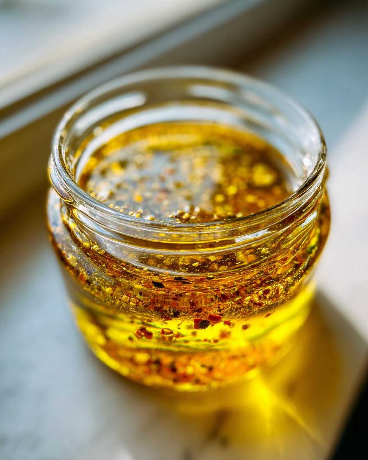 Close-up of a homemade salad dressing in a small glass jar, showing separated oil and spices.
