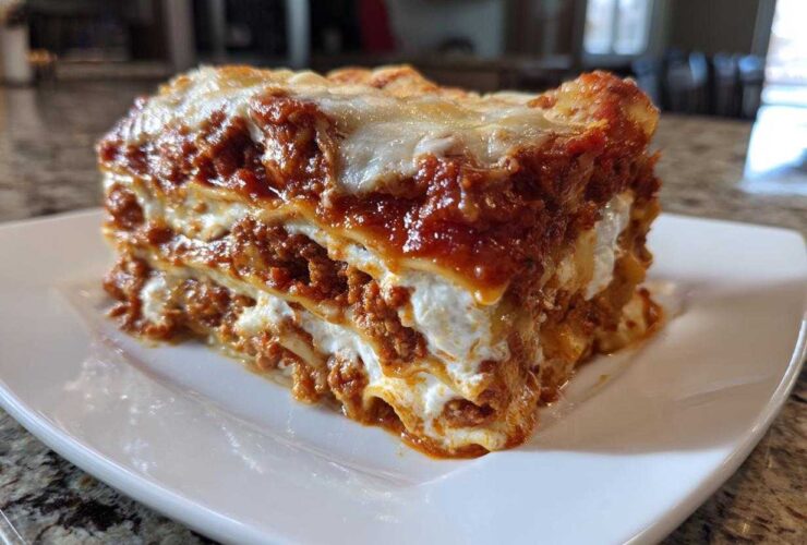 A thick, layered slice of instant pot lasagna featuring rich meat sauce and creamy ricotta cheese, topped with melted mozzarella.