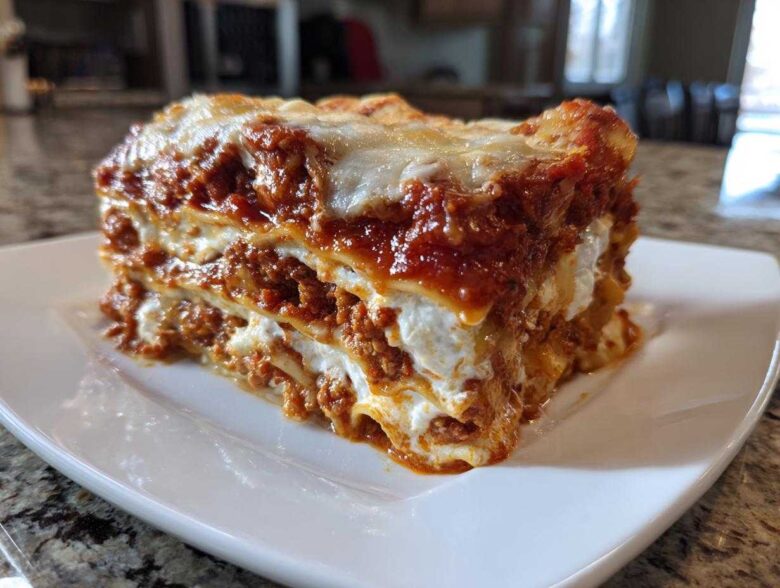 A thick, layered slice of instant pot lasagna featuring rich meat sauce and creamy ricotta cheese, topped with melted mozzarella.