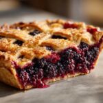 A close-up, cross-section view of a slice of homemade blackberry pie showing the rich, dark berry filling and golden lattice crust.
