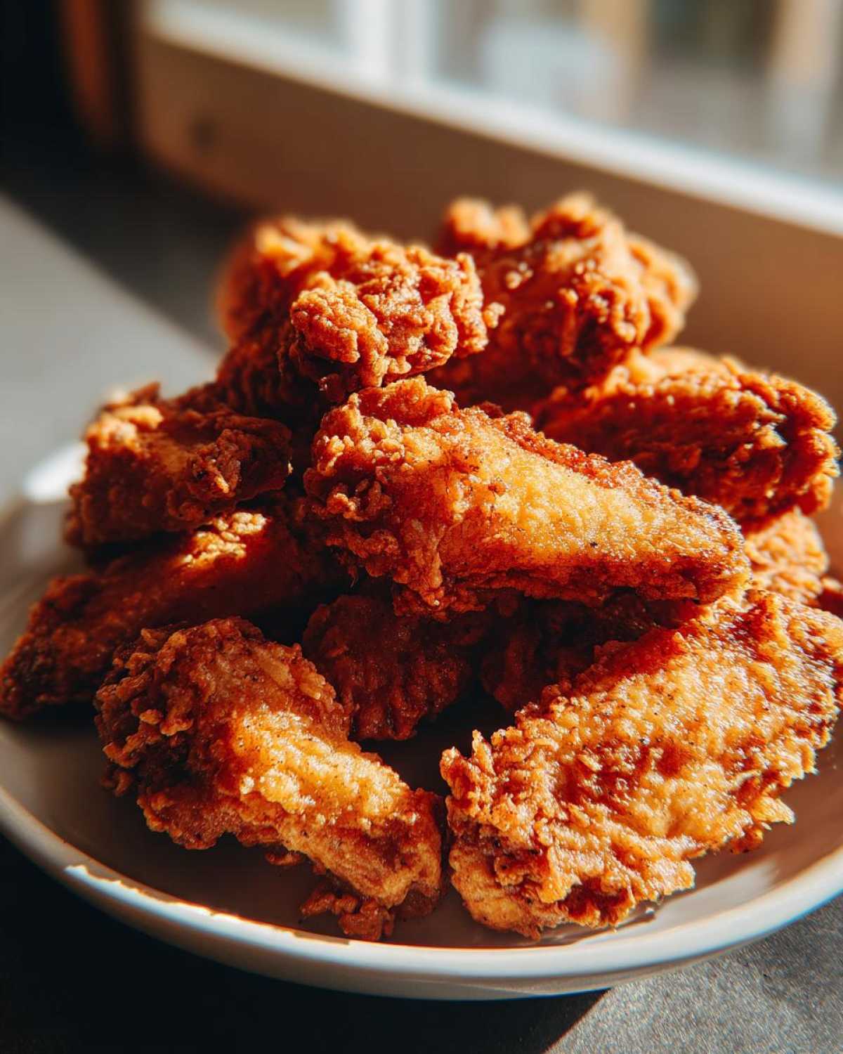 A pile of golden brown, crispy fried chicken wings catching the sunlight on a white plate.