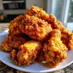 A close-up stack of golden brown, crispy fried chicken wings piled high on a white plate.