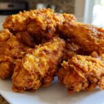 A close-up of several golden-brown, crispy fried chicken wings stacked on a white plate.