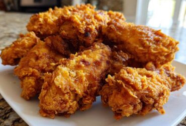 A close-up of several golden-brown, crispy fried chicken wings stacked on a white plate.