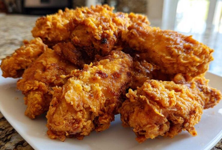 A close-up of several golden-brown, crispy fried chicken wings stacked on a white plate.
