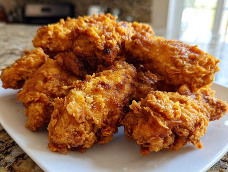 A close-up of several golden-brown, crispy fried chicken wings stacked on a white plate.