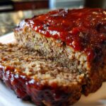 Close-up of a juicy meatloaf slice showing the texture and thick, shiny ketchup glaze topping.