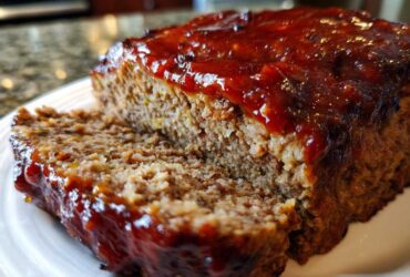 Close-up of a juicy meatloaf slice showing the texture and thick, shiny ketchup glaze topping.