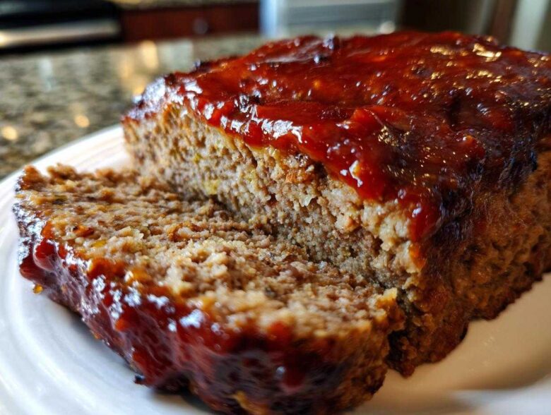 Close-up of a juicy meatloaf slice showing the texture and thick, shiny ketchup glaze topping.