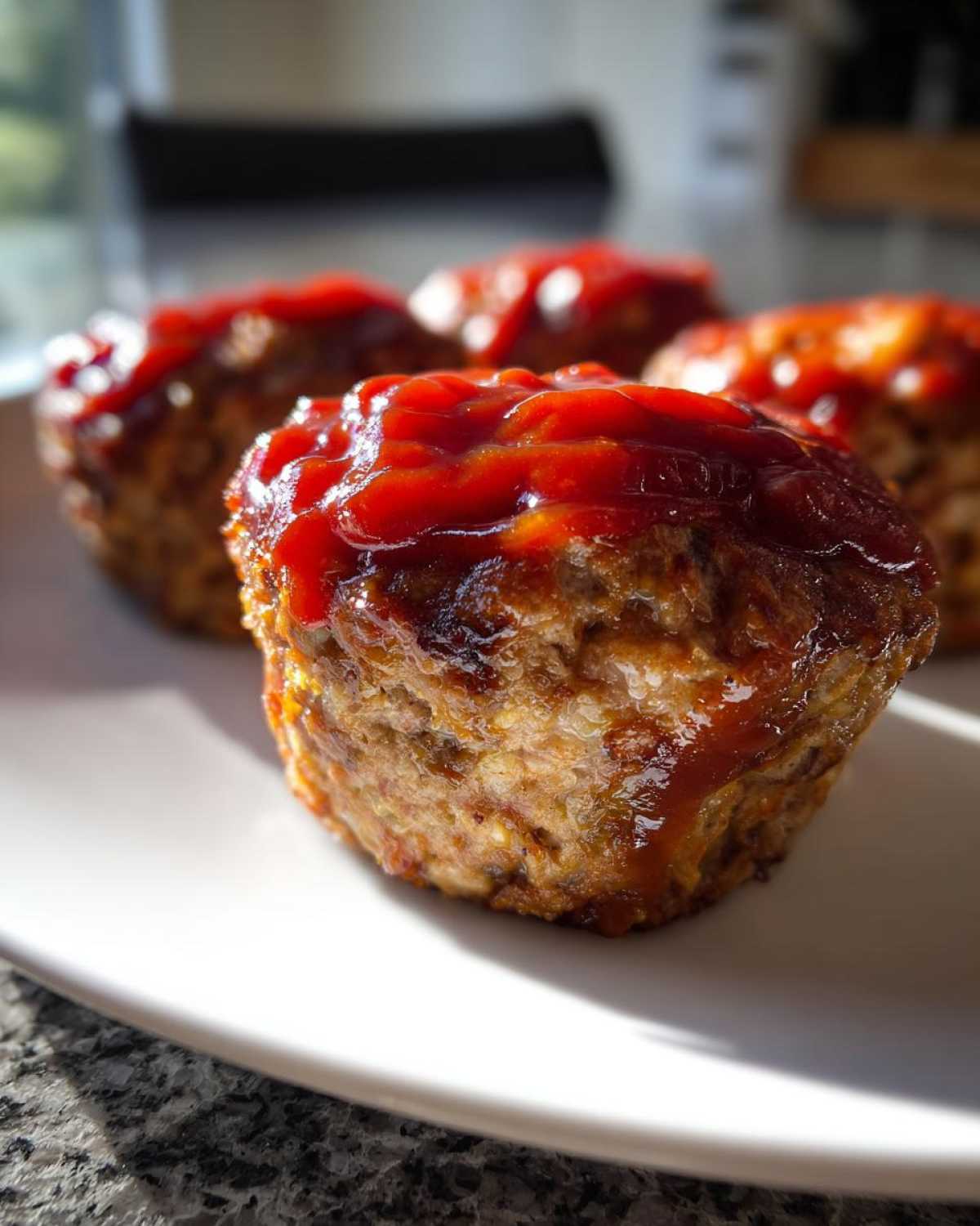 A close-up, appetizing photo of a single mini meatloaf topped with a thick layer of ketchup glaze, resting on a white plate.