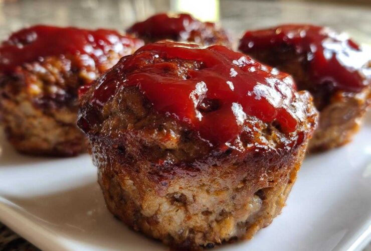 Close-up of several baked mini meatloaf portions topped with a shiny red ketchup glaze.