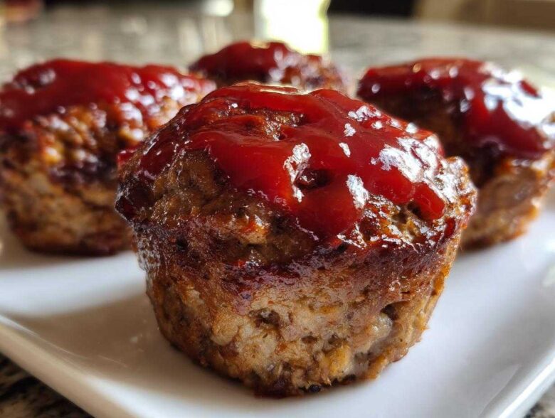 Close-up of several baked mini meatloaf portions topped with a shiny red ketchup glaze.