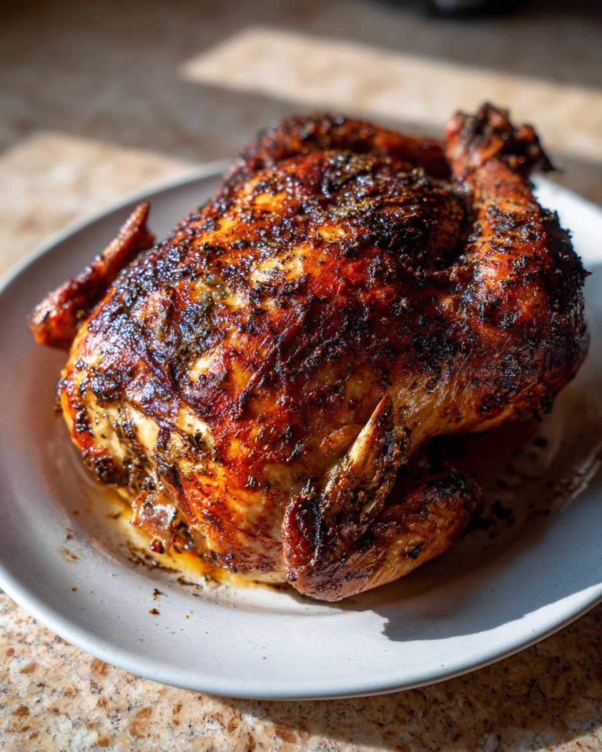 A whole roasted chicken with deeply browned, seasoned, and crispy skin resting on a light plate.