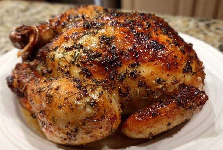 A perfectly cooked, whole roasted chicken with deeply browned, crispy skin seasoned with herbs.