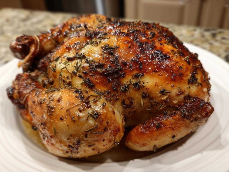 A perfectly cooked, whole roasted chicken with deeply browned, crispy skin seasoned with herbs.
