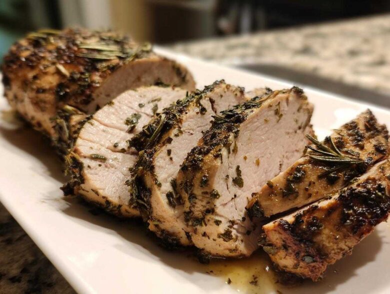 Close-up of sliced, juicy slow cooker turkey breast coated in herbs and rosemary.