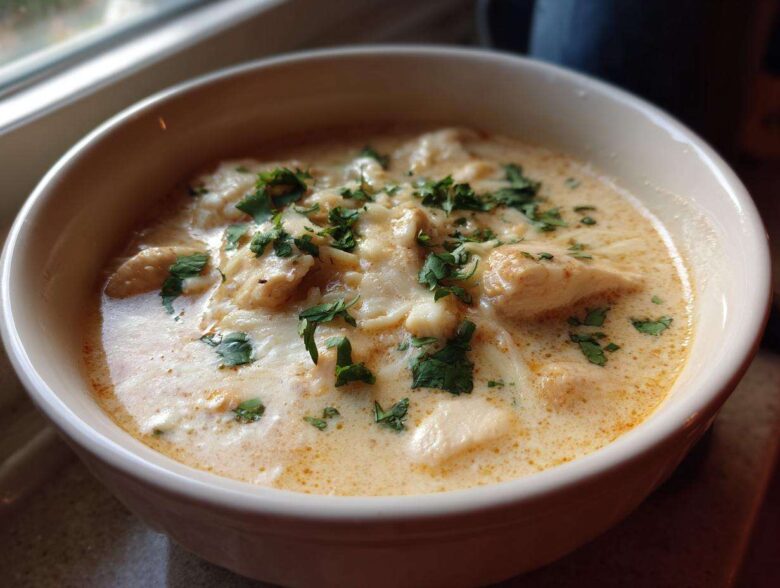 Close-up of a bowl of creamy keto white chicken chili topped with melted cheese and fresh cilantro.
